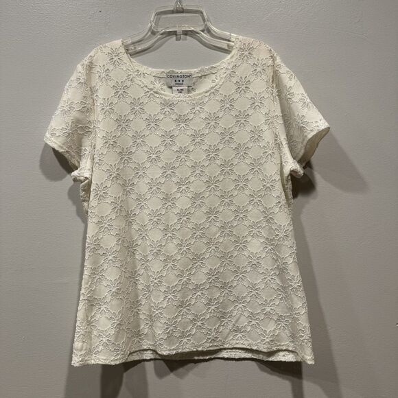 Covington Stretch Lace Top Floral Short Sleeve White Cottage Women sz XL 18 - Picture 2 of 7